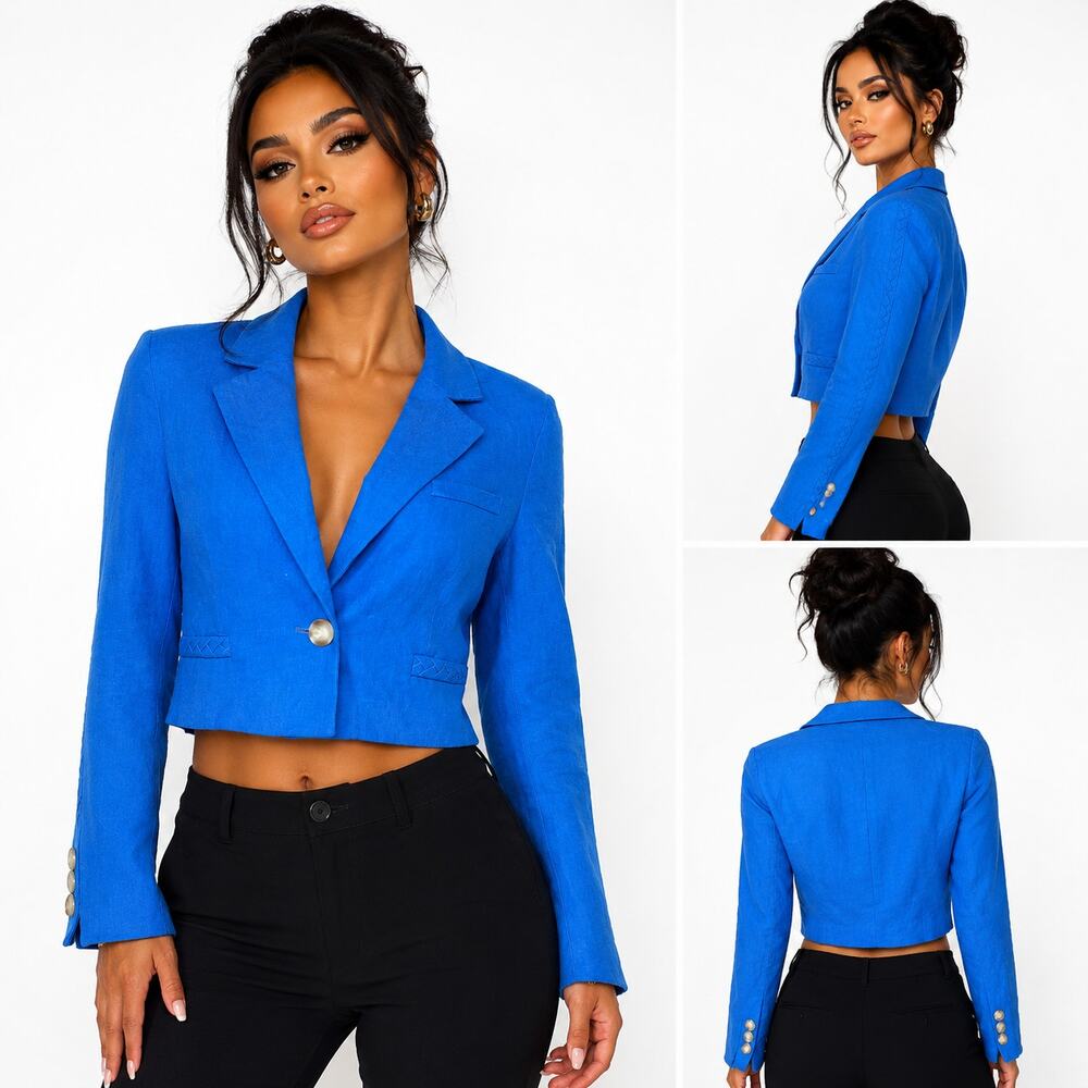 Jason Wu Cropped Linen Blend Blazer Jacket Womens Large Blue One Button
